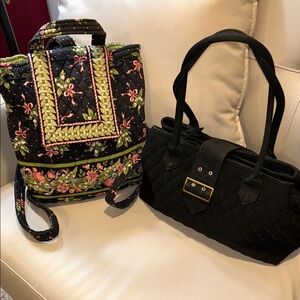 Vera Bradley Quilted Floral Backpack & Black Quilted Handbag Set